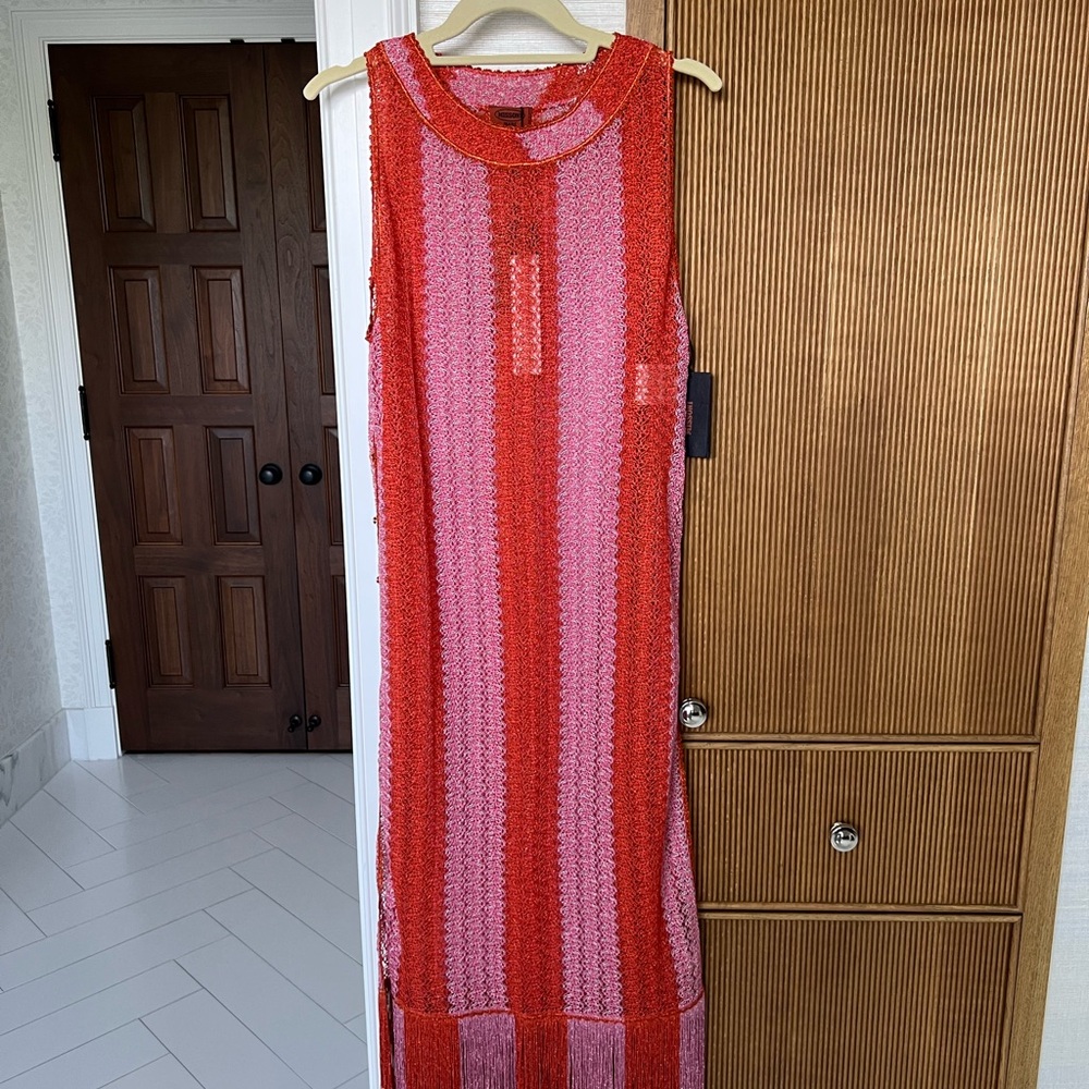 Missoni Red + Pink Stripe coverup tunic with fringe and coordinating belt/scarf